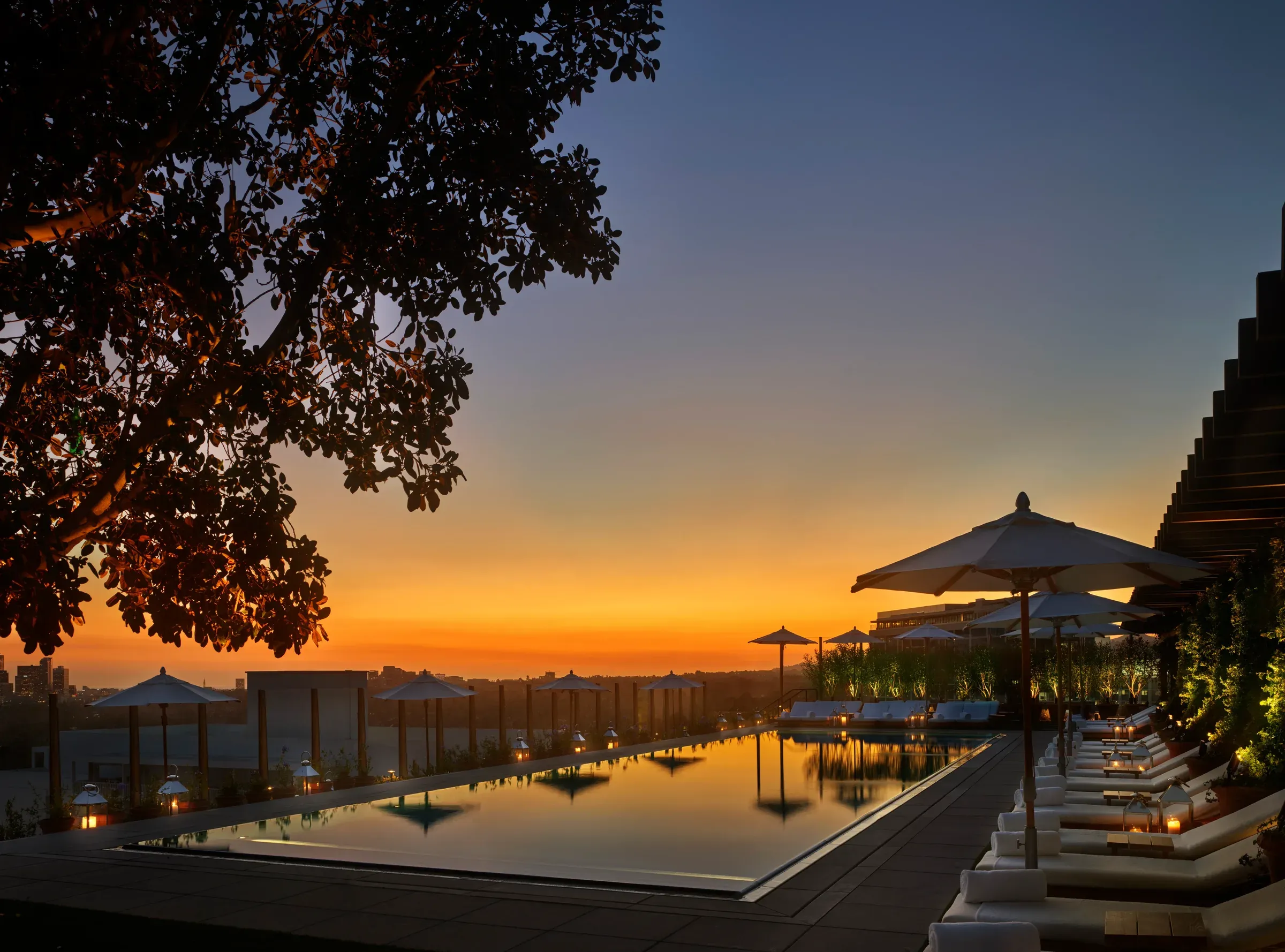 The rooftop pool as the sun sets over the city